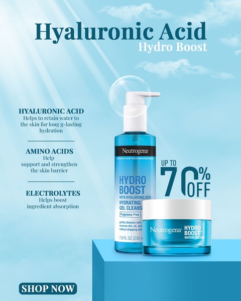 A high-performing educational creative featuring product benefits for a hyaluronic acid skincare line with a clear 70 percent off discount offer.