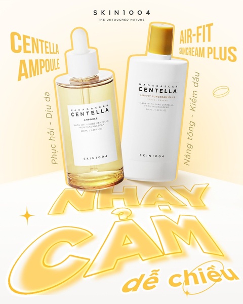 face serum, sunscreen, skin ampoule, facial skincare set, centella skincare, spf cream, brand awareness, product launch, modern typography, minimalist, playful, fresh, yellow, neutral