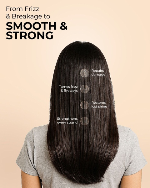 A clean, minimalist 4:5 image overlaying specific hair benefits directly onto a subject's hair, using a neutral color palette to focus on the results.