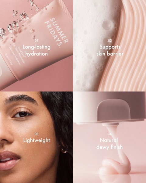 A clean, four-panel composite image showcasing the moisturizing, skin barrier, lightweight, and dewy finish benefits of the product.