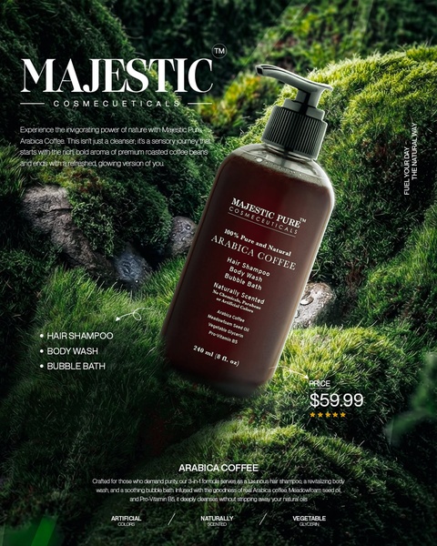 A 4:5 aspect ratio ad featuring a bottle of Arabica Coffee body wash placed in a lush, mossy natural setting to emphasize organic purity.