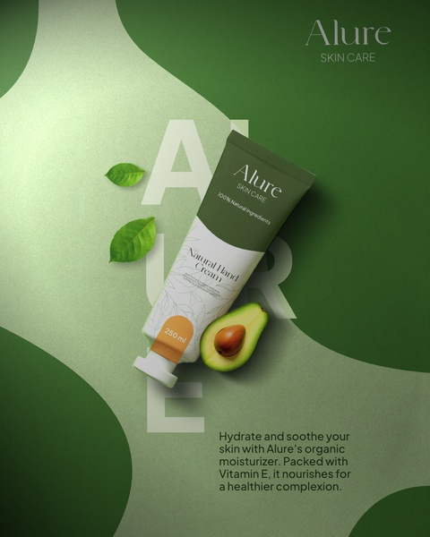 A high-quality 4:5 vertical product shot featuring a hand cream tube positioned with an avocado half against a soft, abstract green background.