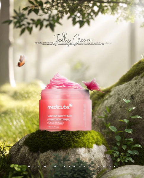 A high-end skincare creative featuring a jar of collagen jelly cream perched on a mossy rock in a sun-drenched, ethereal forest setting with butterflies.