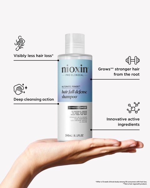 A clean, high-contrast product-centric creative that uses annotation lines to call out specific benefits of a hair fall defense shampoo.