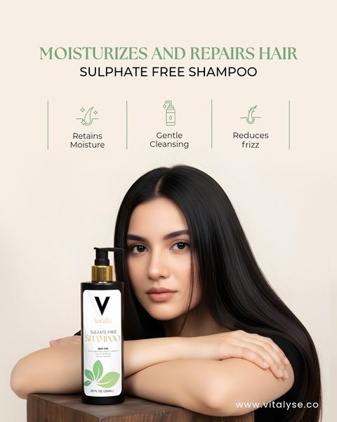 A clean, minimalist product-led ad featuring a shampoo bottle with clear benefit icons and a natural, professional model to establish brand authority.