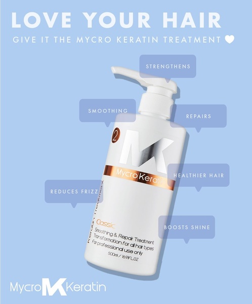 A clean, studio-lit product-centric advertisement that uses callout bubbles to list specific hair health benefits.