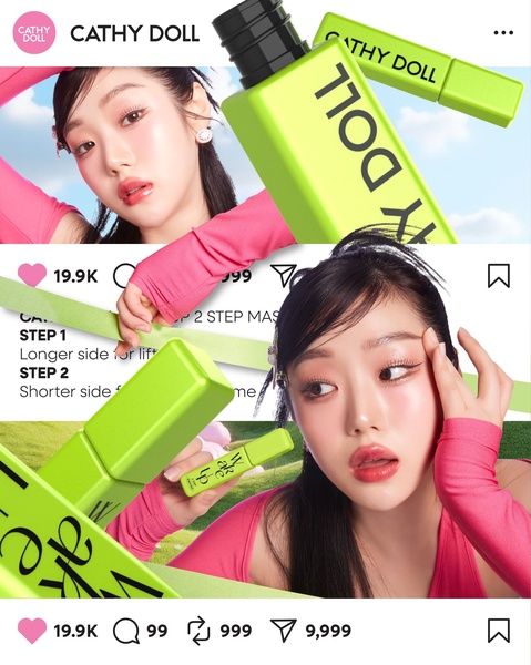 mascara, eye makeup, lash mascara, volumizing mascara, lengthening mascara, lash enhancer, social proof, product launch, ugc style, editorial, energetic, playful, green, pink