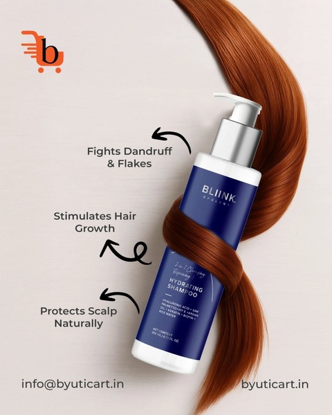 This ad creative displays a bottle of hydrating shampoo wrapped with a strand of hair, using clean arrows to highlight key product benefits.