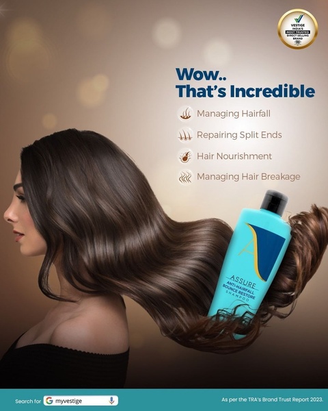 A clean, minimalist product-led ad featuring a shampoo bottle with hair-health benefits highlighted through clear icon-based text points.