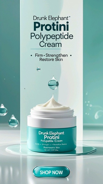 A high-end 9:16 beauty ad featuring a jar of Protini Polypeptide Cream centered against a clean, teal-gradient background with floating water droplets to imply hydration.