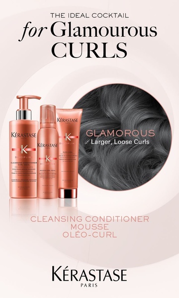 A refined, editorial-style product showcase advertisement featuring a trio of hair care items and a visual demonstration of the intended curly hair result.