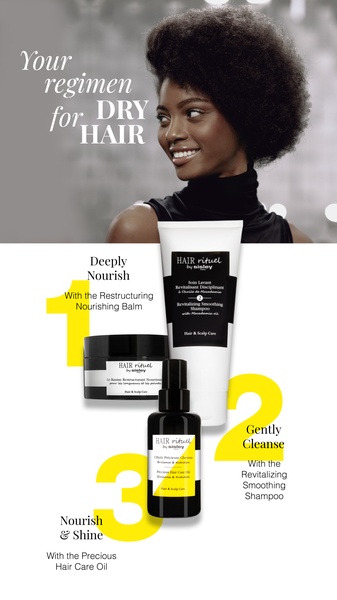 A high-clarity 9:16 layout featuring a three-step hair care routine with specific products to address dry hair concerns.