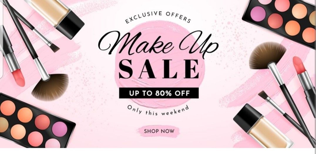 makeup, cosmetics, beauty products, makeup brushes, eyeshadow palette, foundation, blush palette, sale promotion, limited time deal, flat lay, modern typography, playful, bold, pink, neutral, black