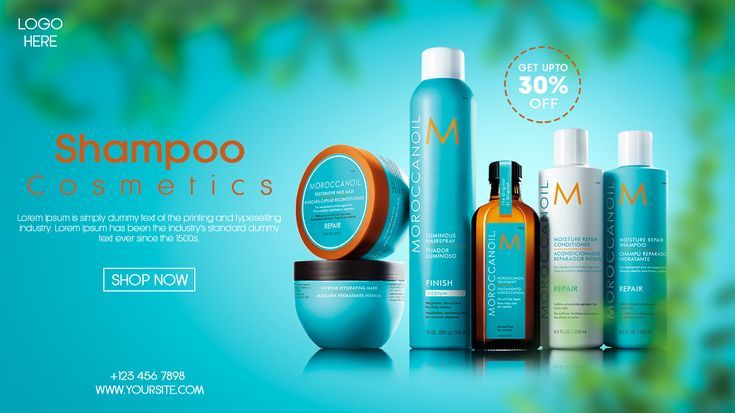 A horizontal advertisement featuring a collection of hair care bottles and jars against a soft, out-of-focus tropical background.