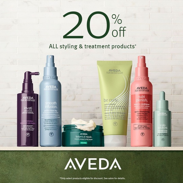 A clean, studio-lit flat lay of six Aveda hair care products against a tiled background with a prominent 20% off discount headline.
