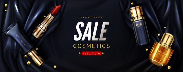 cosmetics, makeup, lipstick, perfume, beauty products, fragrance, face makeup, sale promotion, brand awareness, editorial, flat lay, luxurious, bold, black, gold, red