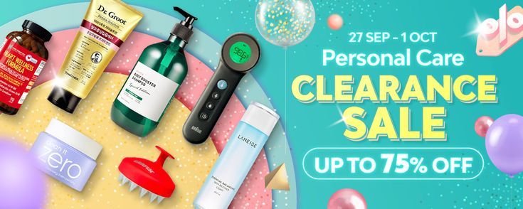 A horizontal 21:9 banner creative featuring a flat-lay arrangement of beauty and health products over a colorful, multi-layered background with a prominent sale offer.