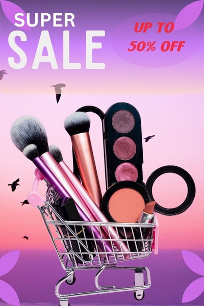 makeup set, cosmetics kit, eyeshadow palette, makeup brushes, beauty products, face makeup, blush palette, sale promotion, limited time deal, modern typography, minimalist, energetic, bold, purple, pink