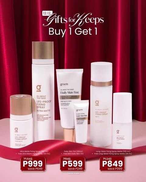 makeup setting spray, skin tint, face mist, makeup fixer, tinted moisturizer, setting spray, bundle offer, sale promotion, minimalist, editorial, luxurious, warm, red, neutral, gold