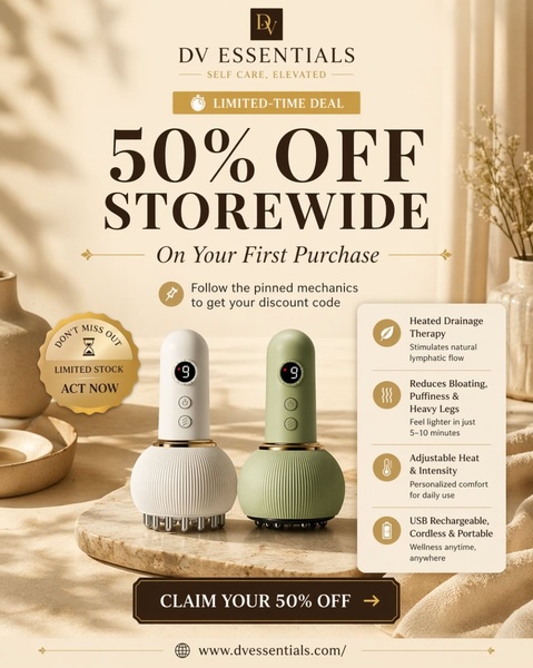 A clean, studio-lit, vertical ad creative featuring two cordless massage devices with a clear 50% discount offer and benefits list.