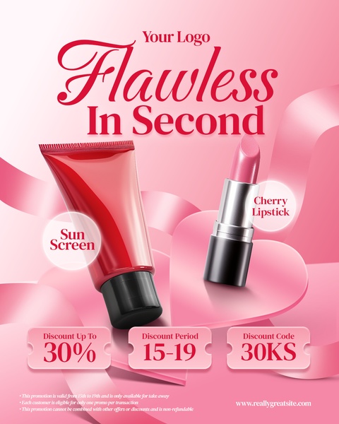 lipstick, sunscreen, face cream, makeup set, beauty products, cosmetics bundle, sale promotion, limited time deal, minimalist, modern typography, bold, playful, pink, red