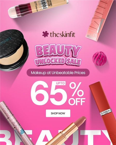 makeup, cosmetics, lipstick, foundation, concealer, beauty products, sale promotion, limited time deal, modern typography, flat lay, energetic, playful, pink, neutral