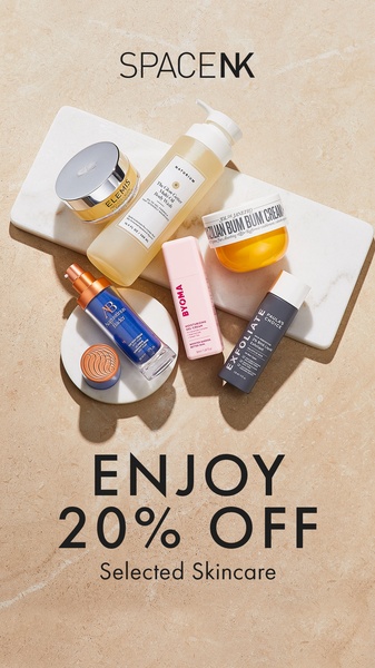 skincare, face cream, body wash, skin serum, moisturizer, exfoliant, sale promotion, limited time deal, flat lay, minimalist, calm, fresh, neutral, pastel