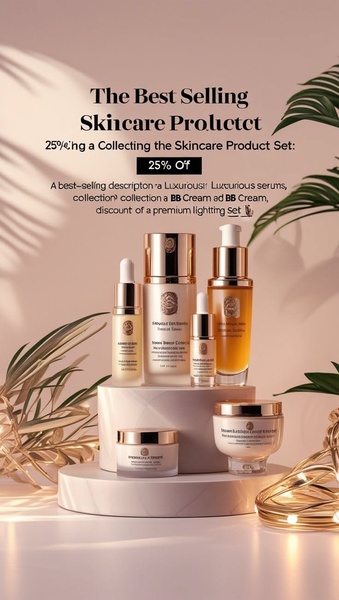 skincare set, face serum, skincare collection, bb cream, facial cream, skin care products, beauty set, bestseller push, sale promotion, minimalist, editorial, luxurious, warm, neutral, gold, pink
