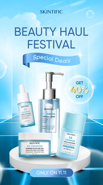 skincare set, face serum, facial cleanser, moisturizer gel, sunscreen spf, ceramide skincare, skin care routine, sale promotion, limited time deal, minimalist, modern typography, fresh, bold, blue, neutral