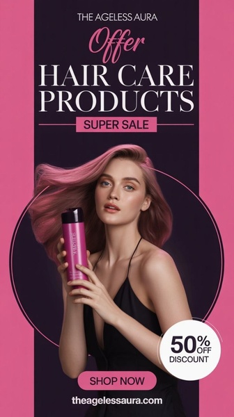 A vertically-oriented promotional ad featuring a woman holding a branded shampoo bottle against a high-contrast pink and black background.