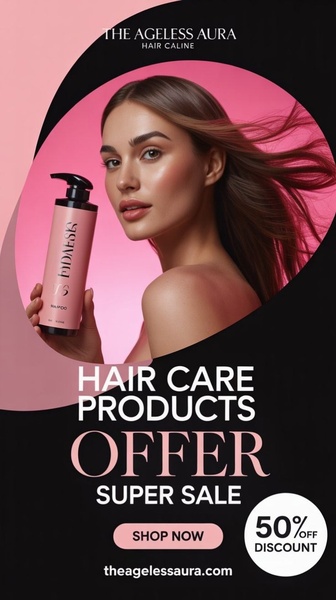 A mobile-optimized ad featuring a model holding a hair care serum bottle against a high-contrast pink and black background with a prominent discount offer.
