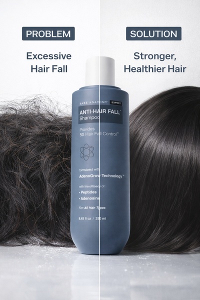 A clear, visual comparison showing the problem of excessive hair fall versus the solution of stronger, healthier hair using the product.