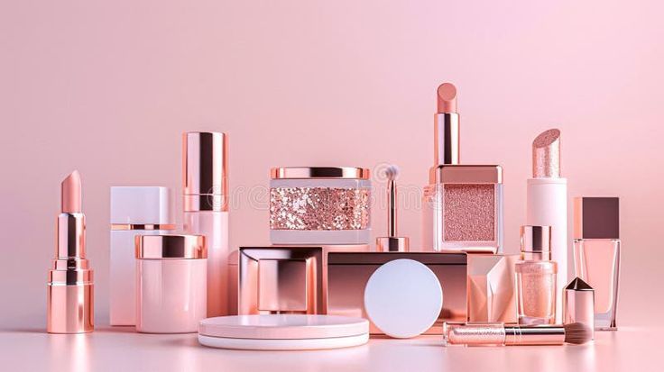 makeup products, beauty products, cosmetics set, lipstick, face cream, makeup brush, bestseller push, minimalist, luxurious, calm, pink, pastel