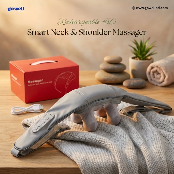 A clean, lifestyle-oriented ad featuring a 4D massager on a wooden surface with neutral accessories, emphasizing relaxation and product utility.