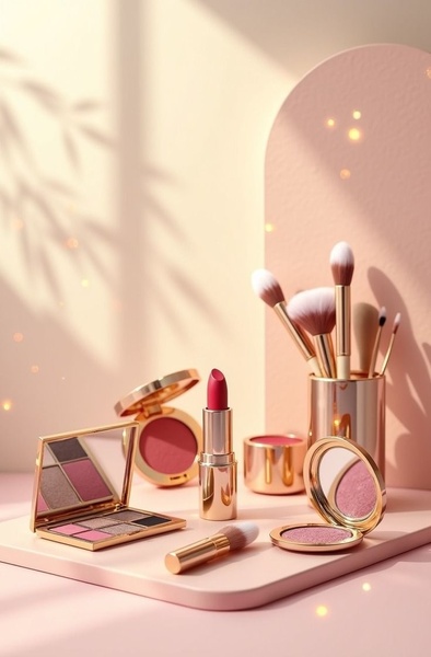 makeup palette, lipstick, makeup brushes, blush compact, eyeshadow palette, beauty kit, new arrival, minimalist, editorial, calm, luxurious, pastel, gold, pink
