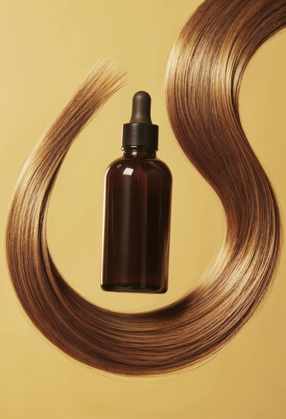 A high-end hair serum bottle levitating in the center, encircled by a graceful, flowing strand of healthy hair against a clean gold backdrop.