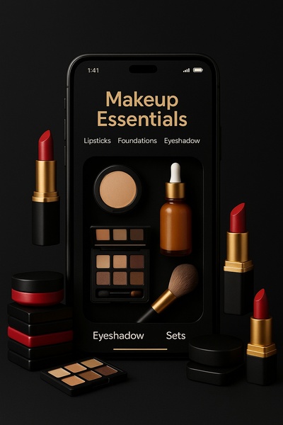 makeup set, lipstick, eyeshadow palette, foundation, cosmetic brush, beauty products, bestseller push, new arrival, minimalist, editorial, luxurious, bold, black, neutral