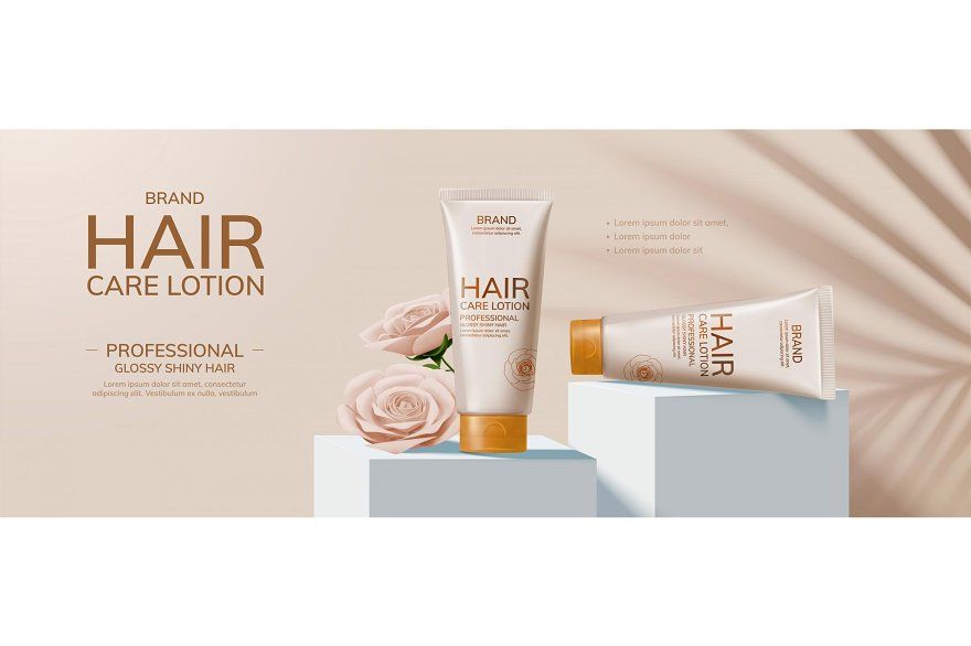 A high-end product photography shot featuring hair care lotion tubes displayed on geometric pedestals with soft floral accents.