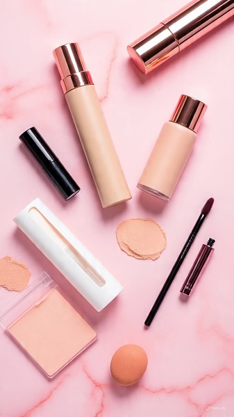 liquid foundation, makeup brush, powder compact, makeup sponge, cosmetics, new arrival, bestseller push, flat lay, minimalist, fresh, calm, pink, neutral