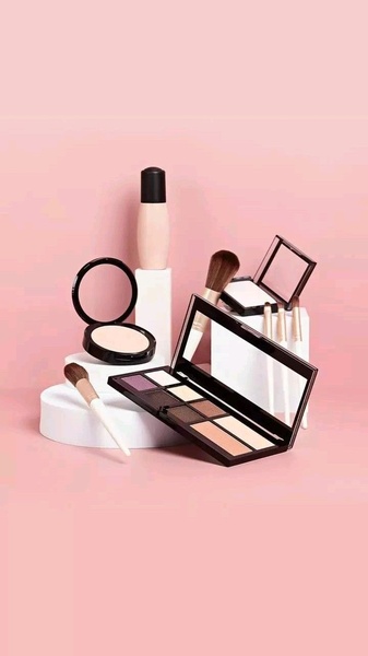 makeup palette, eyeshadow palette, foundation bottle, makeup brush, cosmetics kit, pressed powder, bestseller push, minimalist, calm, fresh, pink, pastel