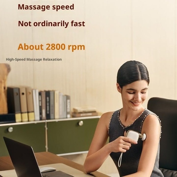 A high-speed product ad featuring a woman relaxing with a portable massage gun while working, highlighting technical specs like 2800 rpm.
