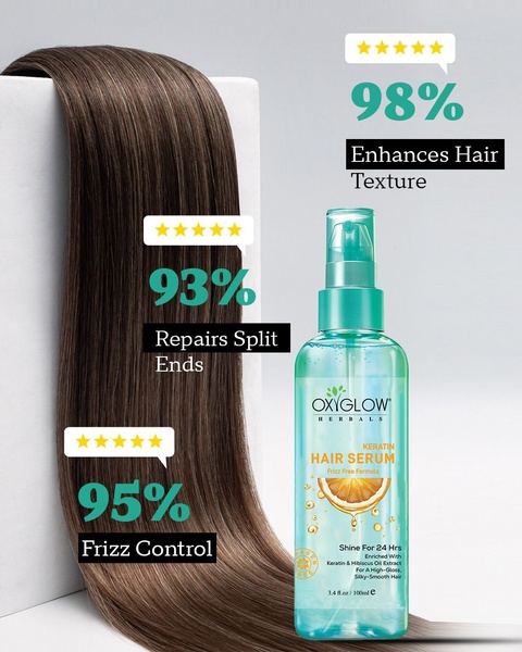 A high-conversion 4:5 vertical ad for a hair serum using prominent percentage-based claims and star-rating badges to validate product efficacy.