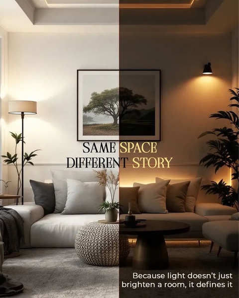 A split-screen visual comparison of a living room showcasing the atmospheric impact of different lighting settings on the same furniture setup.