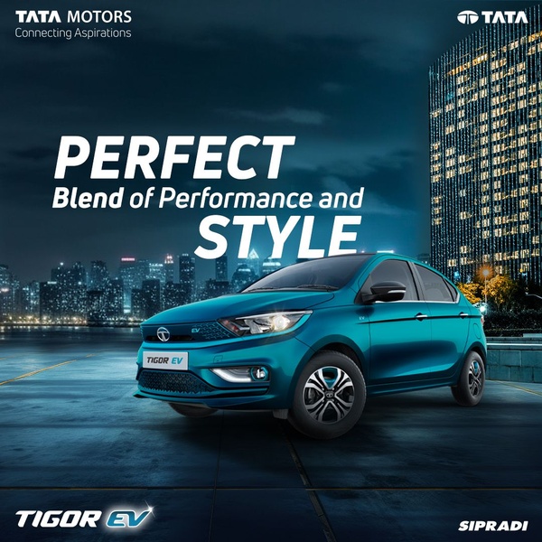 A high-impact 1:1 image featuring the Tigor EV against a vibrant city backdrop, positioning the vehicle as the perfect blend of performance and style.