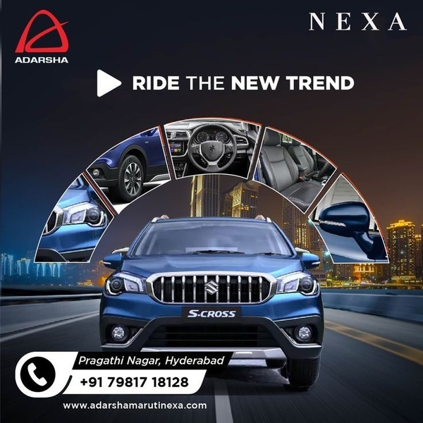 A square-format car advertisement featuring a central vehicle focus with an arc-shaped collage of interior and exterior detail shots.