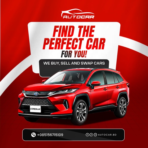 A high-contrast advertisement for an automotive dealership, featuring a red SUV as the hero image and a clear, three-part service value proposition.