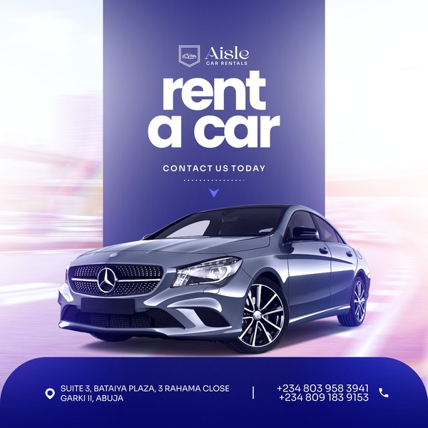 A clean, blue-toned square advertisement featuring a high-quality product hero shot of a sedan with clear contact information.