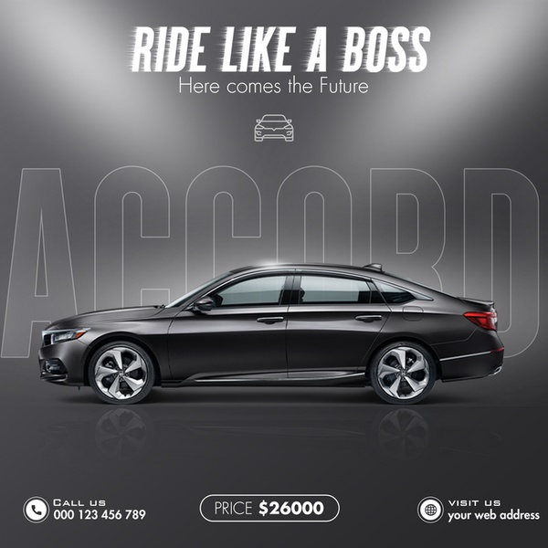 This static creative showcases a luxury sedan against a dark, dramatic background with bold typography and clear price anchoring.