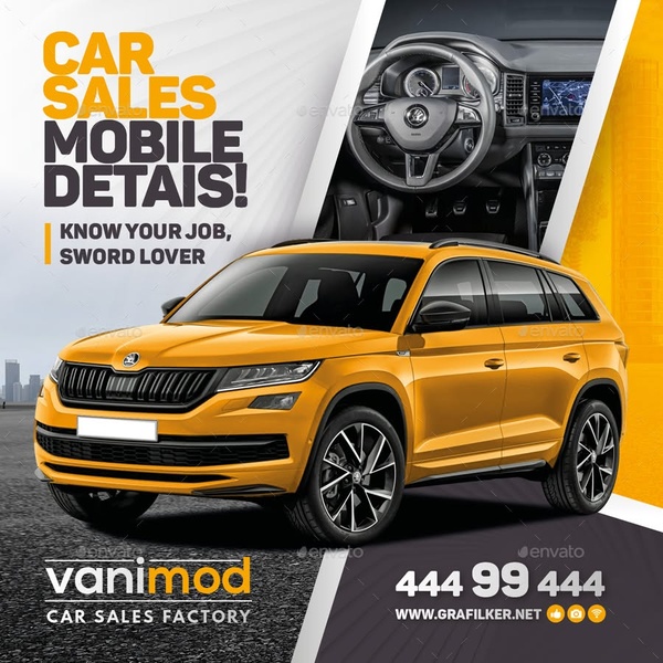 A high-contrast 1:1 square advertisement for vehicle sales featuring a prominent car display, interior cabin shots, and clear contact information.