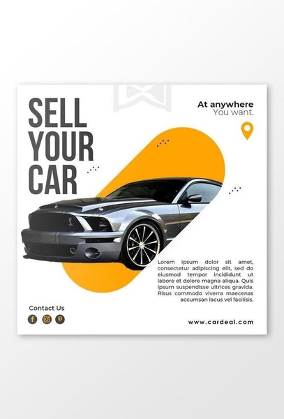 A high-contrast ad design for car sales featuring a clean centered car image, bold typography, and a prominent yellow geometric accent.